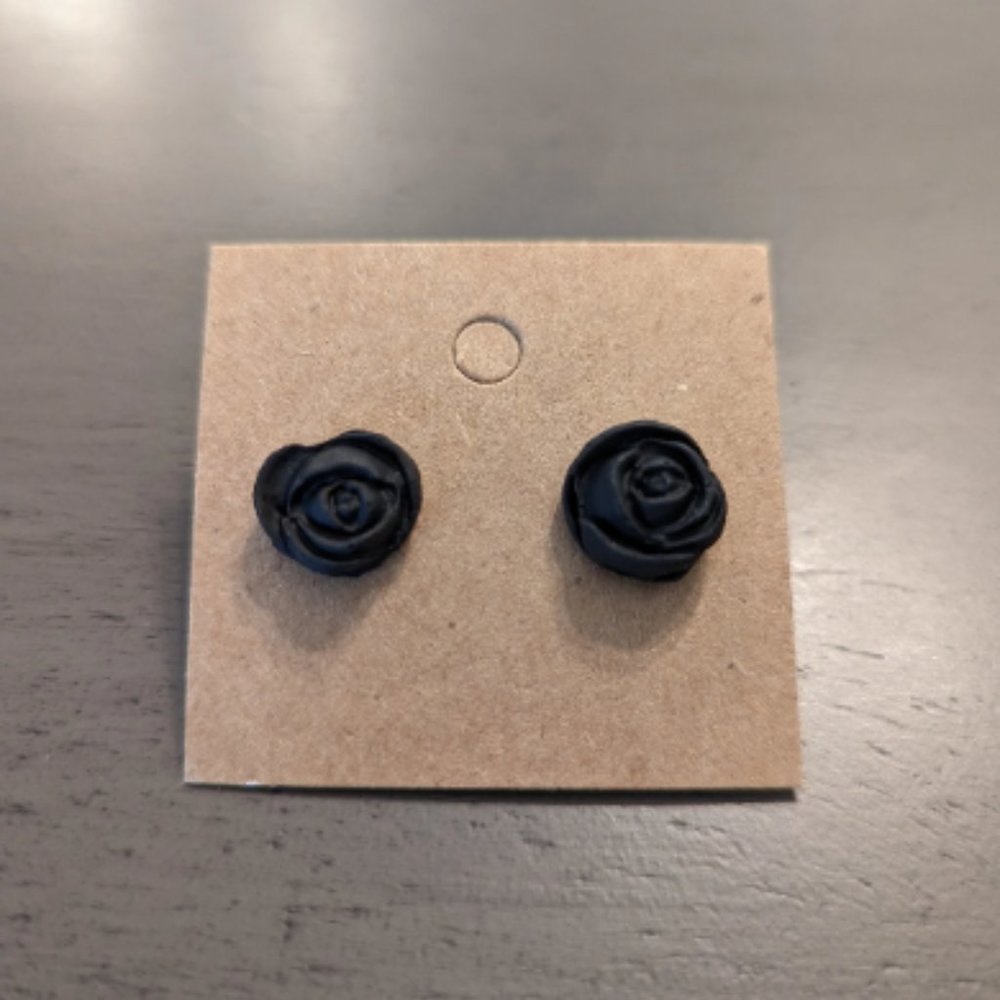 Black Polymer Clay Stud Earrings 925 Silver Posts Matte Finish